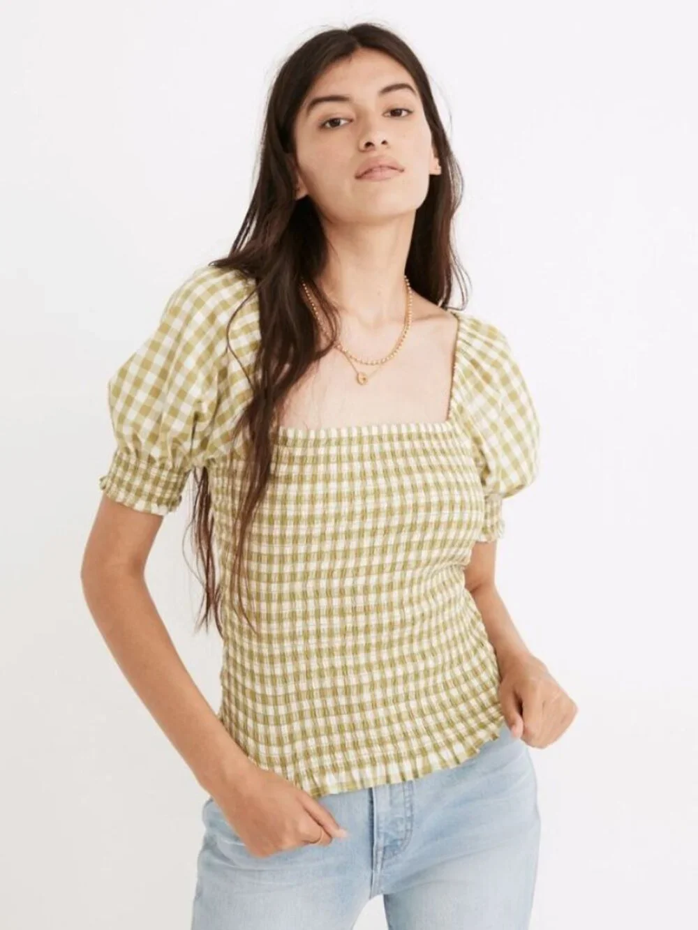 Madewell Lucie Puff-Sleeve Smocked Bodice Top in Gingham Check, Size XXS